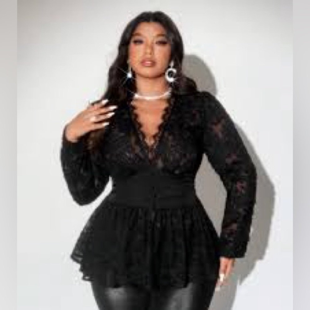 Shein Black Sheer Whimsygoth Corset Button Peplum Long Sleeve Top size 1XL